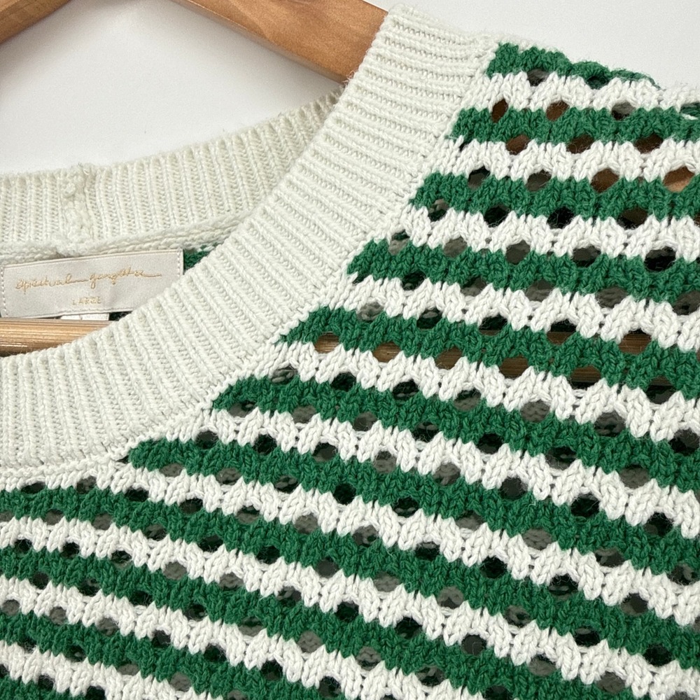Spiritual‎ Gangster Large Green White Striped Open Knit Cotton Blend Sweater - Picture 5 of 11